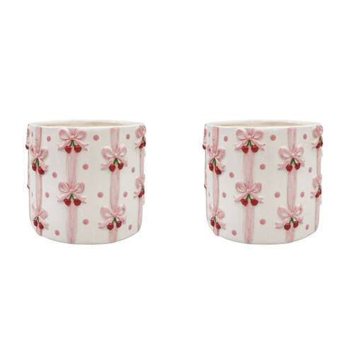 2PK Urban Ceramic Cherry Bow Outdoor Garden Planter Pot 13cm Pink