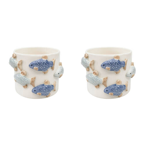 2PK Urban Ceramic School of Fish Outdoor Planter Pot 11x15cm Blue