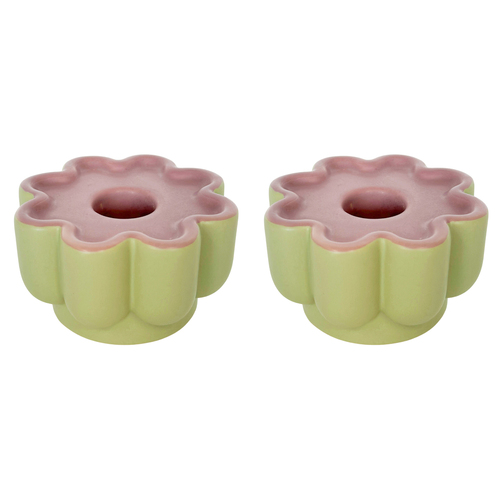 2PK Urban Products 8cm Ceramic Groovy Flower Candle Holder - Purple/Green