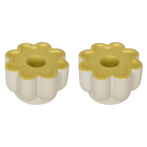 2PK Urban Products 8cm Ceramic Groovy Flower Candle Holder - White/Yellow