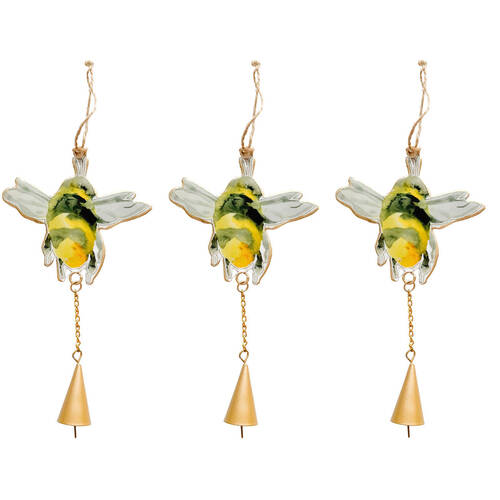3PK Urban Iron Bee Hanging Bell Outdoor Garden Decor 18x10cm Black/Yellow