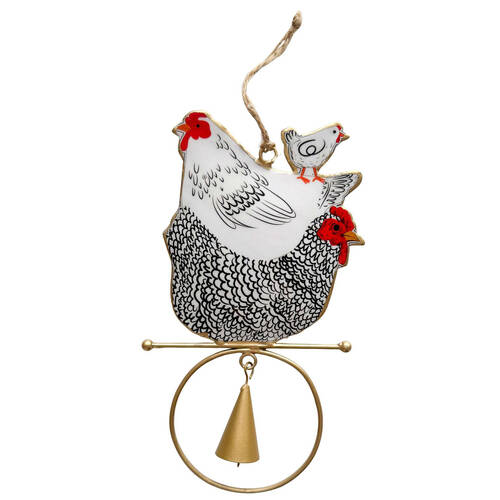 Urban Iron Chickens Hanging Bell Outdoor Garden Decor 18x12cm Black/White