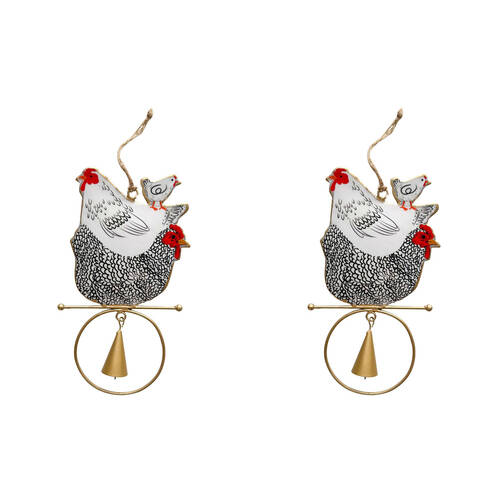2PK Urban Iron Chickens Hanging Bell Outdoor Garden Decor 18x12cm Black/White
