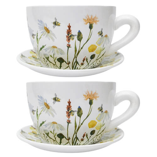 2PK Urban Bee Meadow Tea Cup Ceramic Planter Pot 13x24cm Yellow