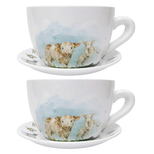 2PK Urban Highland Friends Tea Cup Ceramic Planter Pot 13x24cm Brown