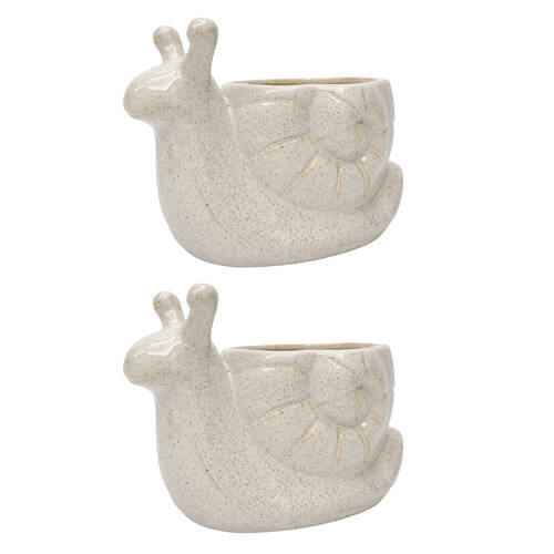 2PK Urban Snail Ceramic Planter Pot Speckle 14x20cm White