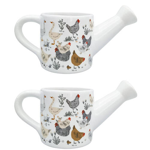 2PK Urban Ceramic Chicken Friends Watering Can Planter Pot 13x25cm Black/White