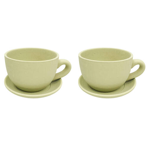 2PK Urban Ceramic Rendered Teacup Outdoor Planter Pot 19x10cm Sage Green
