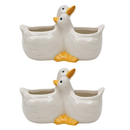 2PK Urban Hugging Ducks Ceramic Planter Pot 10x15cm White/Yellow