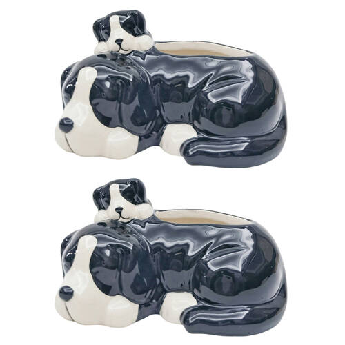 2PK Urban Hugging Dogs Ceramic Planter Pot 10x13cm White/Black