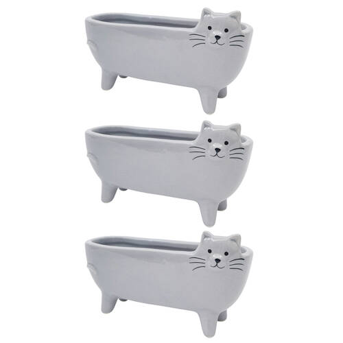 3PK Urban Long Cat Ceramic Plant Planter Pot 8x15cm Grey