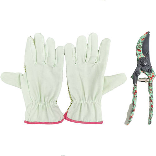 3pc Urban Strawberry Field Secateurs & Gardening Gloves Set 26cm Green