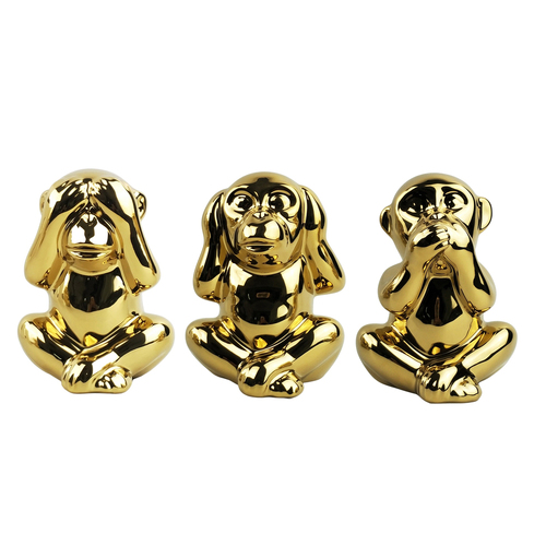 3pc Urban 15cm Three Wise Monkeys Ceramic Ornament Home Decor - Gold