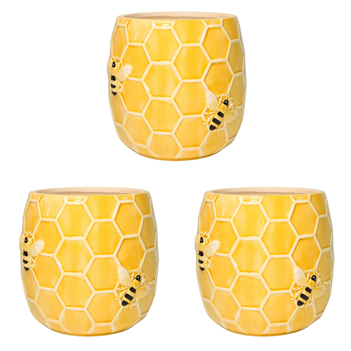3PK Urban Bee Hive Planter Yellow 12cm Home Decorative Garden Decor