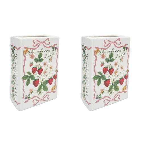 2PK Urban Ceramic Strawberry Fields Book Home Flower Vase 16x11cm Red/Green