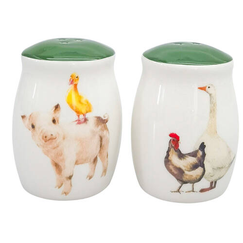 2pc Urban Ceramic Farm Yard Animals Salt and Pepper Shakers Set 8x6cm Green