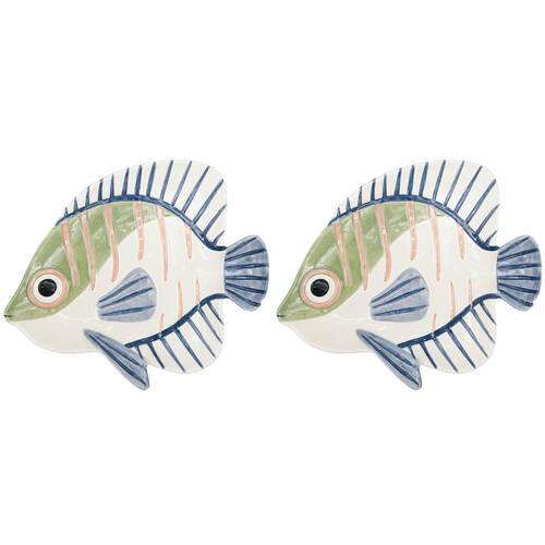 2PK Urban Ceramic Reef Fish Trinket Storage Tray Dish 25x21cm White/Green