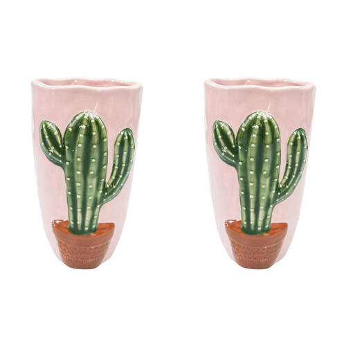 2PK Urban Ceramic Cactus Plant Home Decor Flower Vase 18x11cm Pink