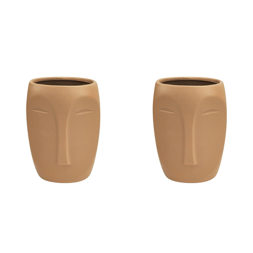 2x Urban Aztec Face 17cm Ceramic Plant/Flower Vase Display Medium - Beige