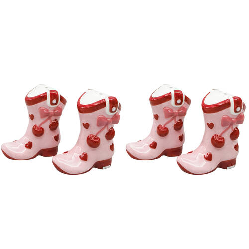 2x 2pc Urban Ceramic Cherry Cowboy Boots Salt and Pepper Shakers Set 7cm Pink