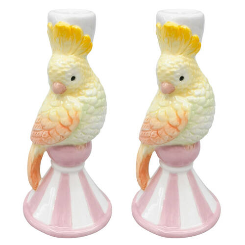 2PK Urban Ceramic Perdy Parrot Candle Stick Holder Home Decor 15x7cm Pink