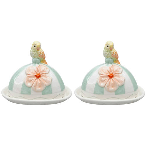 2PK Urban Ceramic Perdy Parrot Butter Storage Dish 12x16cm Green