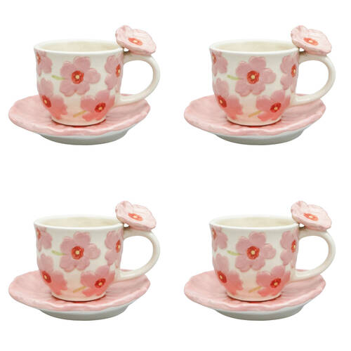 4x 2pc Urban Ceramic Floral Poppy Tea Cup & Saucer Set 9cm Pink