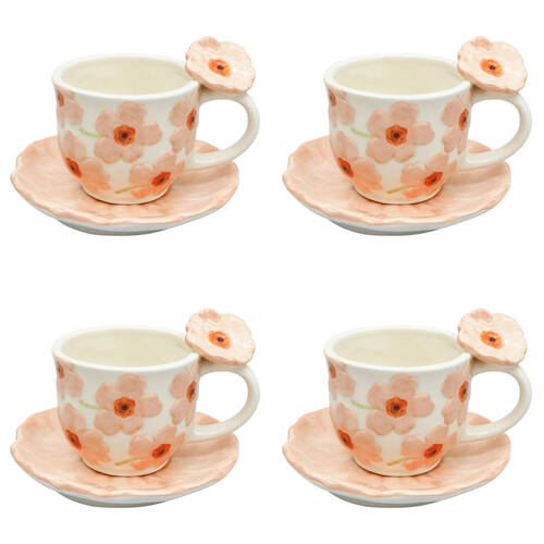 4x 2pc Urban Ceramic Floral Poppy Tea Cup & Saucer Set 9cm Peach
