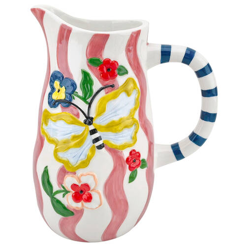 Urban Ceramic Topical Butterfly Striped Pitcher Jug 22cm Pink