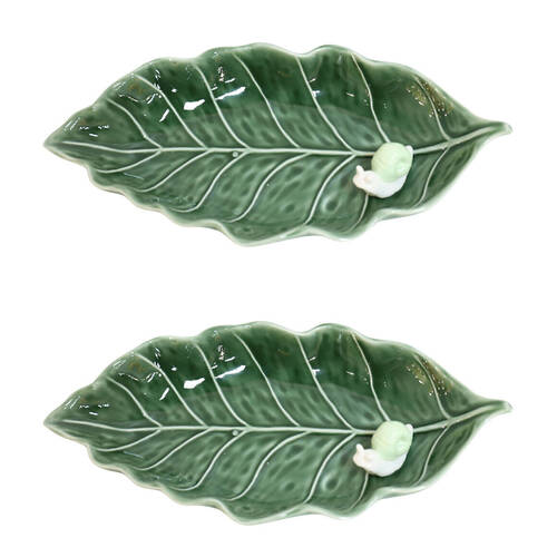 2PK Urban Ceramic Snail Leaf Decorative Trinket Dish 28x13cm Green