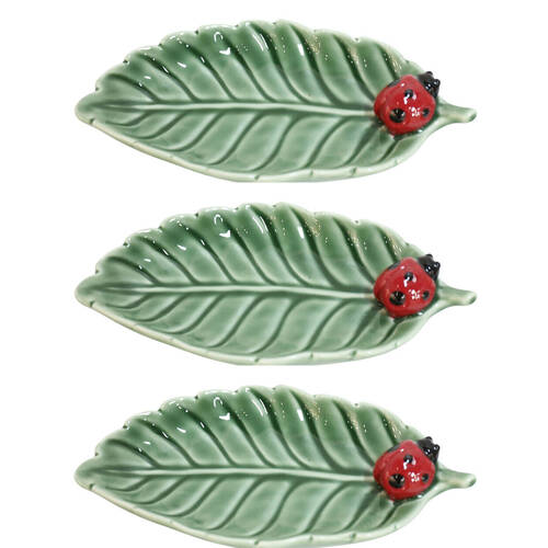 3PK Urban Ceramic Ladybug Leaf Decorative Trinket Dish 18x9cm Green/Red