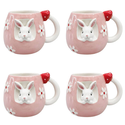 4PK Urban Ceramic Bunny Toadstool 3D Coffee Drinking Mug 10cm Pink