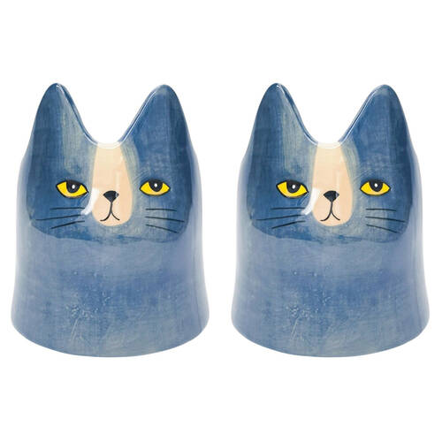 2PK Urban Bailey Cat Ceramic Planter Plant Pot 14cm Blue