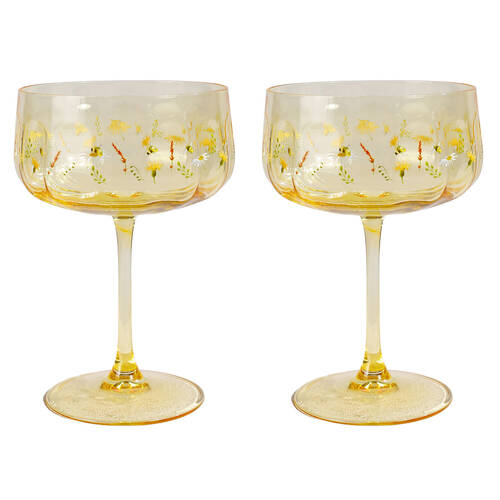 2pc Urban Bee Meadow Floral Coupe Champagne Drinking Glasses Set 16cm Yellow