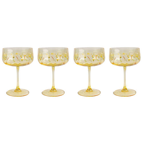 2x 2pc Urban Bee Meadow Floral Coupe Champagne Drinking Glasses Set 16cm Yellow