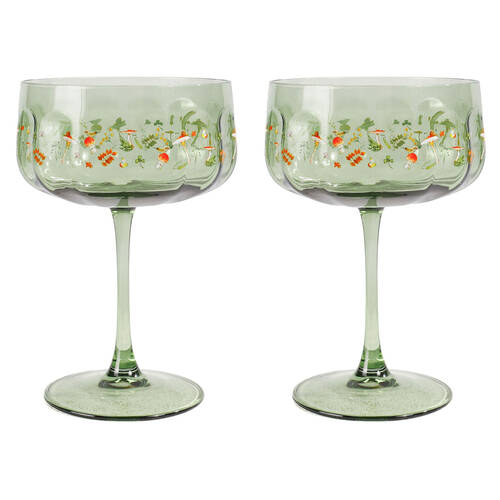 2pc Urban Enchanted Garden Floral Coupe Champagne Drinking Glasses 16cm Green