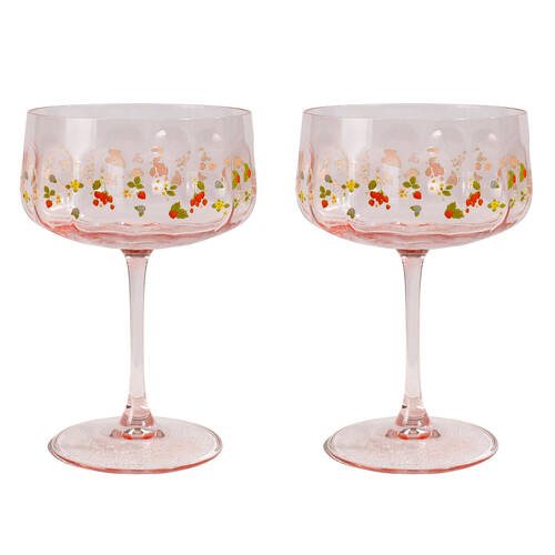 2pc Urban Strawberry Fields Floral Coupe Champagne Drinking Glasses 16cm Pink