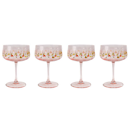 2x 2pc Urban Strawberry Fields Floral Coupe Champagne Drinking Glasses 16cm Pink