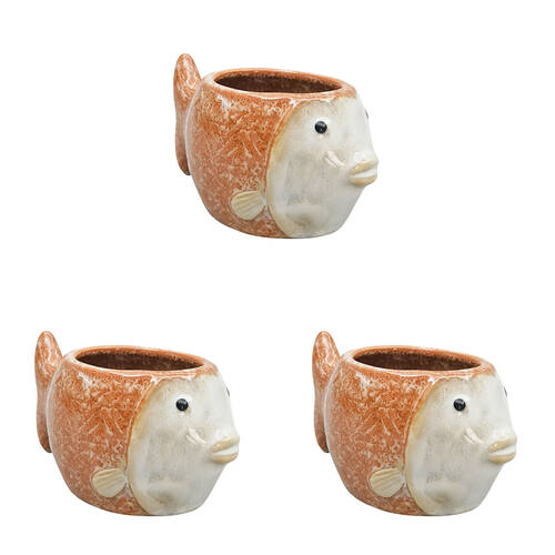 3PK Urban Ceramic Reef Fish Outdoor Garden Planter Pot 7x13cm Orange