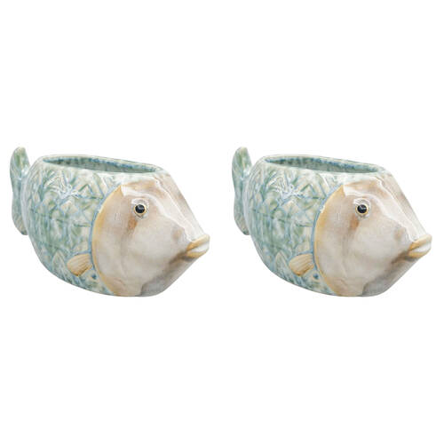 2PK Urban Ceramic Reef Fish Outdoor Garden Planter Pot 20x8cm Blue