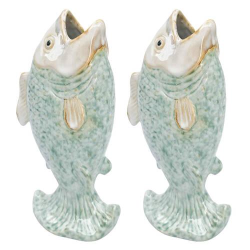 2PK Urban Ceramic Reef Fish Home Decor Flower Vase 20x11cm Green