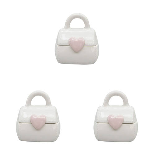 3PK Urban Ceramic Handbag with Heart Trinket Box 6x10cm Pink/White