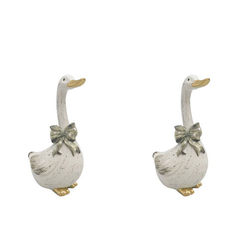 2PK Urban Goose w/ Bow Resin Decorative Ornament Small 15x10cm White