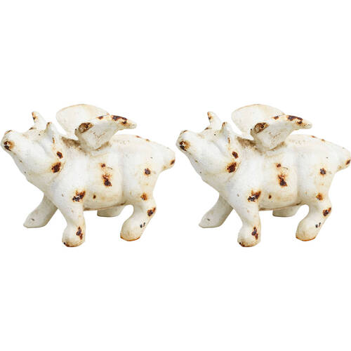 2PK LVD Cast Iron Flying Pig Wilma Home/Garden Decor 9.5x6.5cm - White