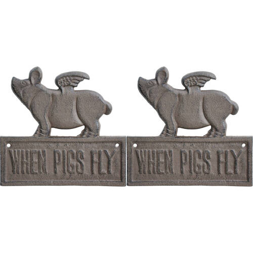 2PK LVD Cast Iron Sign When Pigs Fly Home/Garden Decor 19x18cm -  Brown
