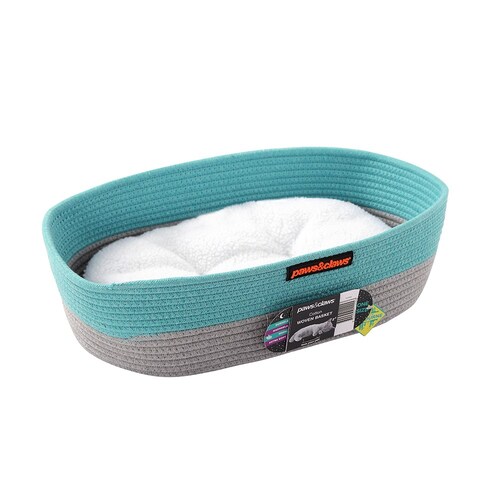 Paws And Claws 40x32x13cm Cotton Woven Basket Cat Bed w/ Cushion Teal/Grey