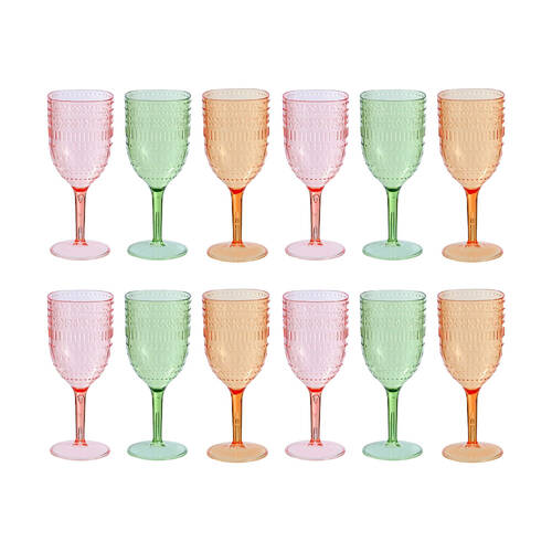 12PK Lemon & Lime Moroccan Deco Plastic Wine Goblet 400ml Amber/Green/Pink Assorted