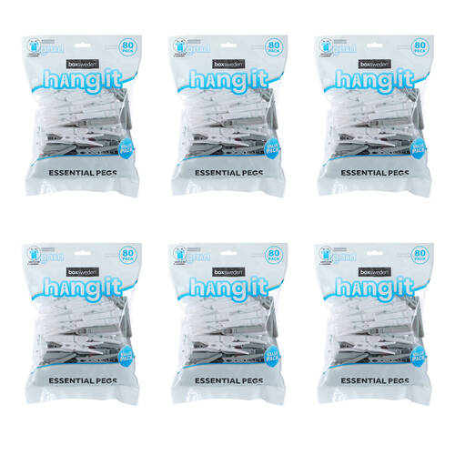 6PK 80pc Boxsweden Hangit Essential Durable Pegs Value Pack Grey/White