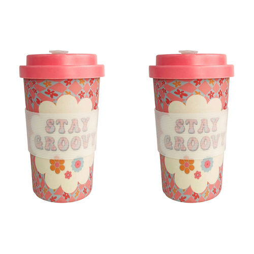 2x Urban 400ml Retro Floral Stay Groovy Eco Mug Drinking Cup w/ Lid - Pink
