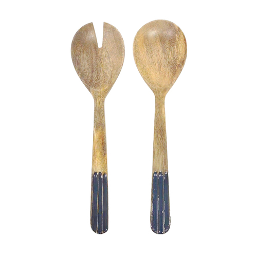 2pc Urban Ripple 30cm Mango Wood Spoon/Spork Salad Servers - Blue